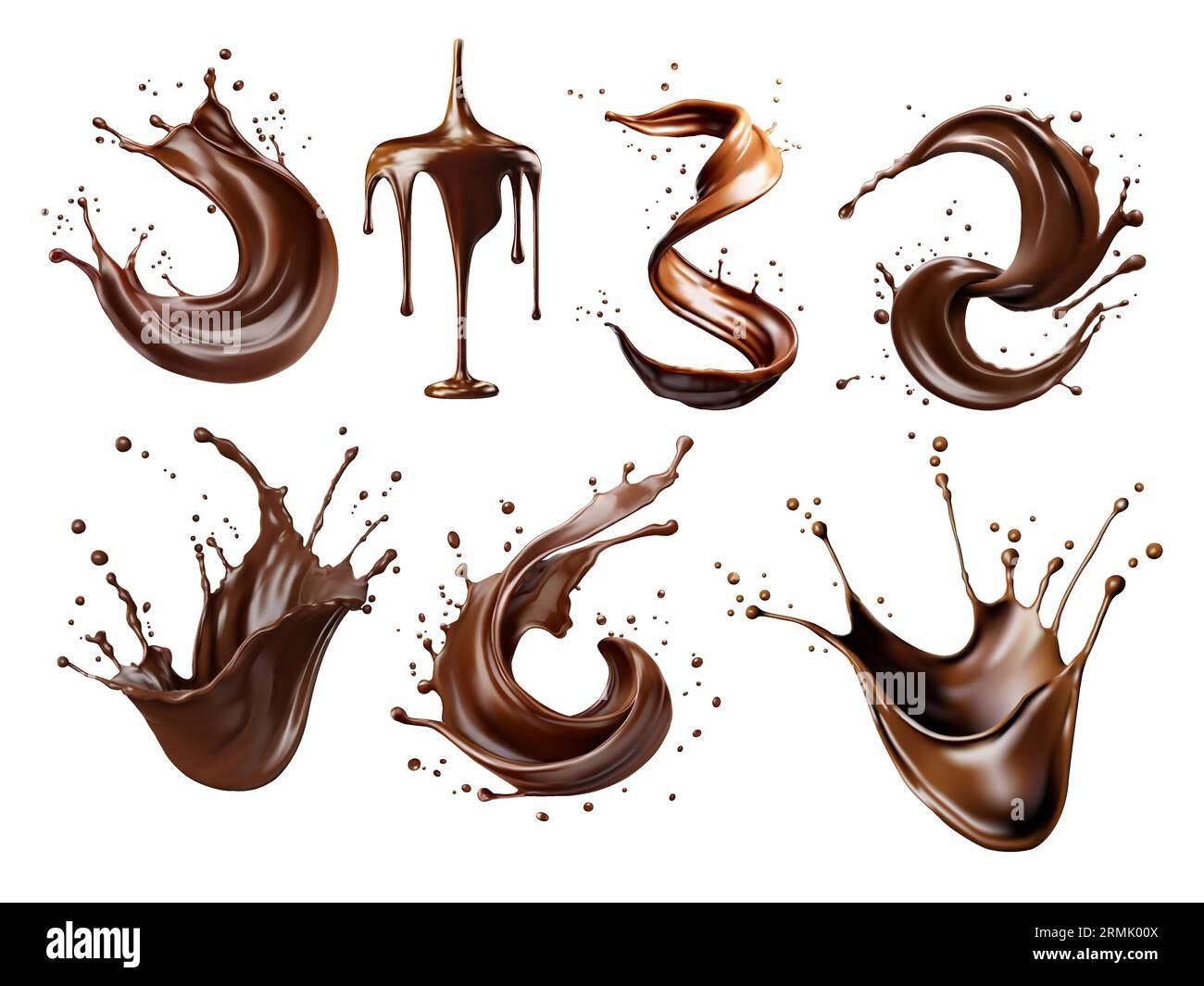 Set aus flüssigem braunem Kaffee oder Schokolade Spritzer und Tropfen auf weißem Hintergrund Vektor Stock Vektor