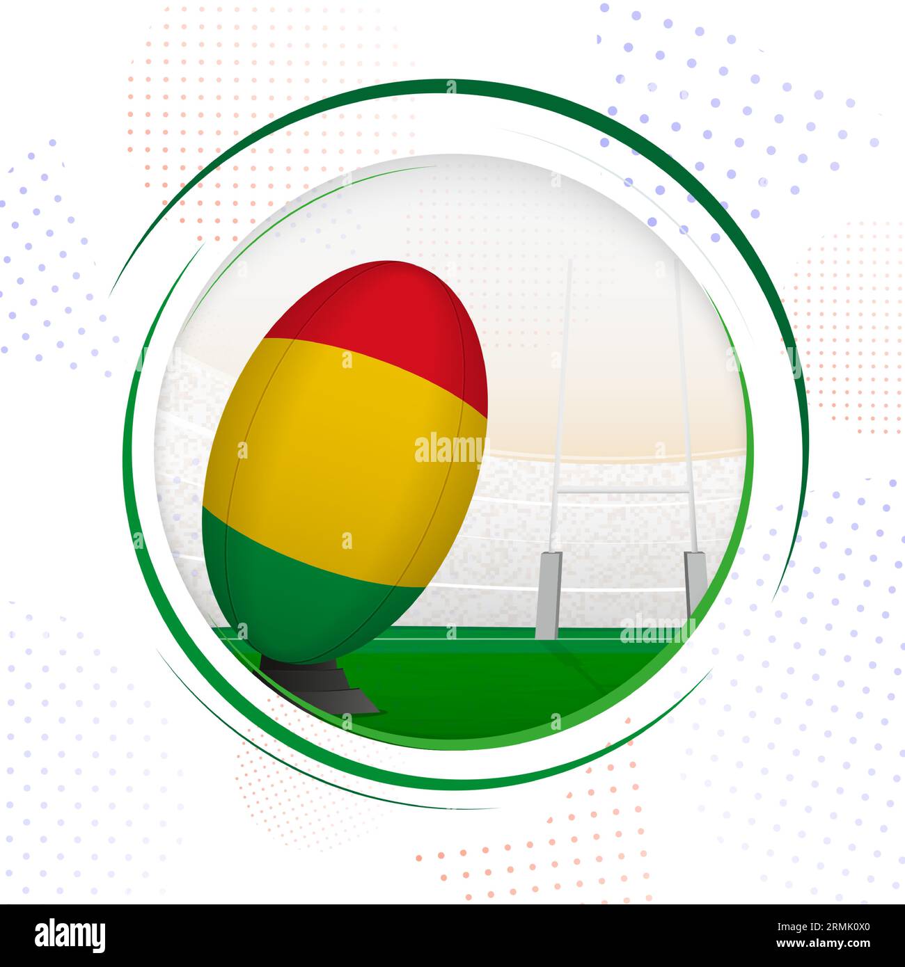 Flagge von Mali auf Rugbyball. Rundes Rugby-Symbol mit Flagge von Mali. Vektorillustration. Stock Vektor