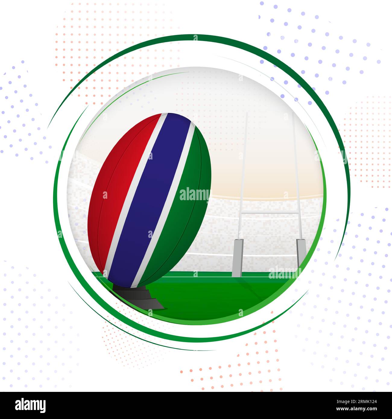 Flagge von Gambia auf Rugbyball. Rundes Rugby-Symbol mit Flagge von Gambia. Vektorillustration. Stock Vektor