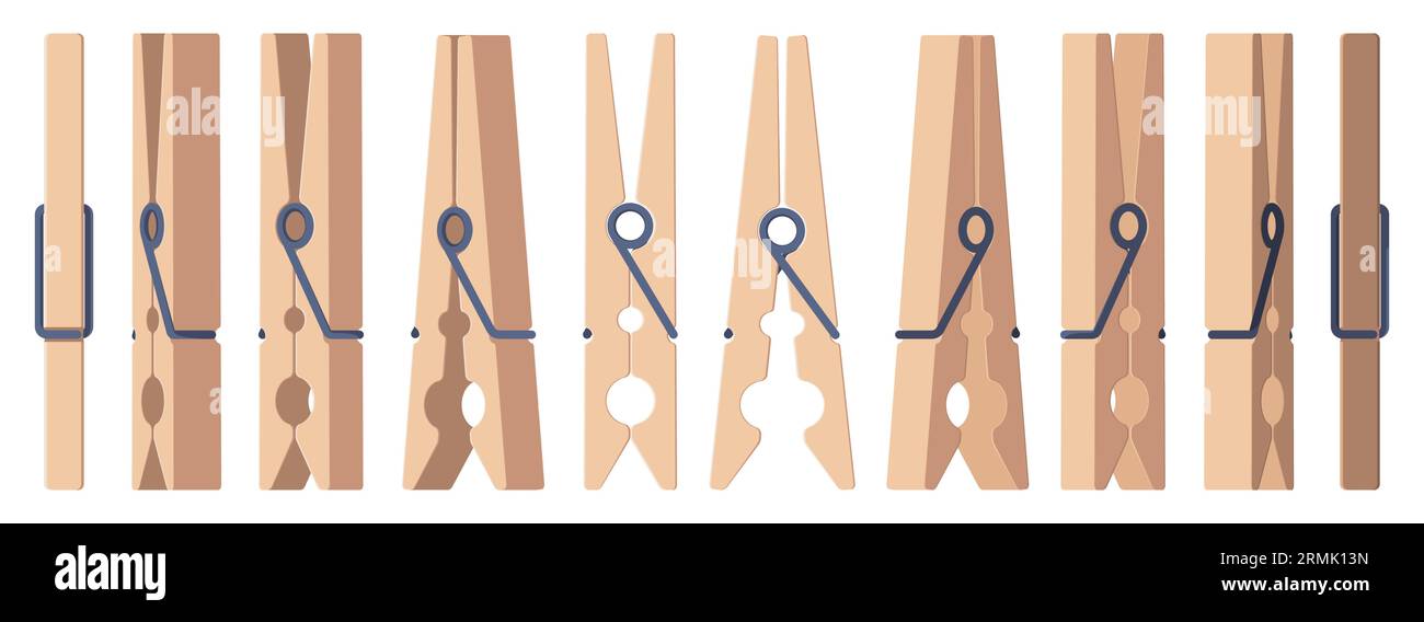 Clothespin-Sammlung. Leere Wäscheklammern aus Holz, Wäschekordel und Seilclip, Haushaltsreinigungsutensilien in flacher Ausführung. Vektor-isolierter Satz von Pin-Clothespin-Abbildung Stock Vektor