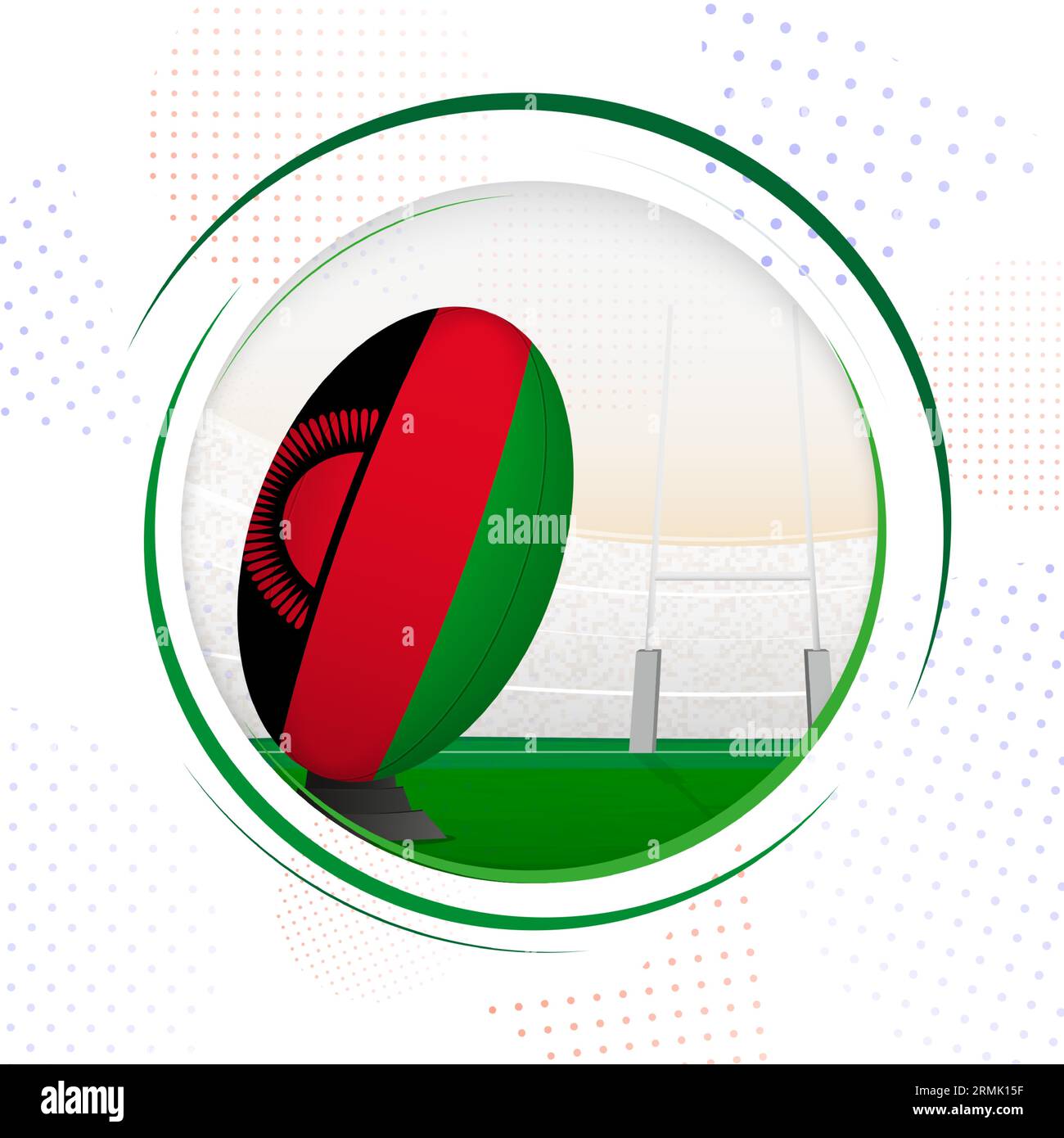 Flagge von Malawi auf Rugbyball. Rundes Rugby-Symbol mit Flagge von Malawi. Vektorillustration. Stock Vektor