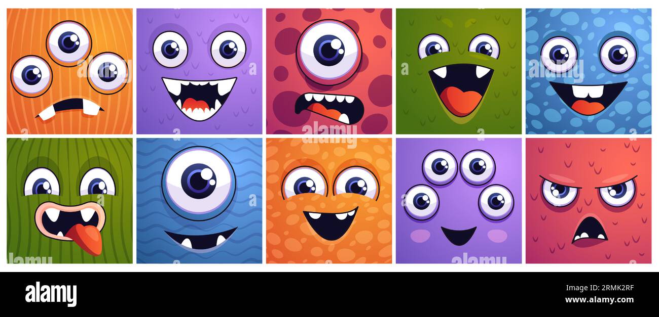 Quadratische Monstergesichter. Comic Alien und Dinosaurier Gesichter quadratische Banner, lustige außerirdische Kreaturen Maskottchen mit Emotionen Ausdruck. Vektor isolierte Sammlung von Emoticon lustig, Cartoon Emotion Illustration Stock Vektor