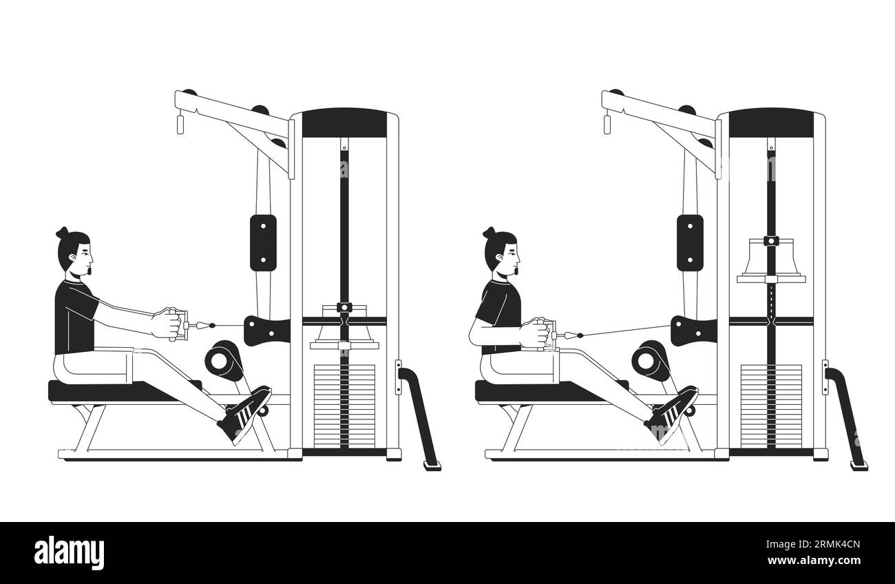 Muskelaufbau mit Sitzreihenmaschine BW Vektor-Spot-Illustration Stock Vektor