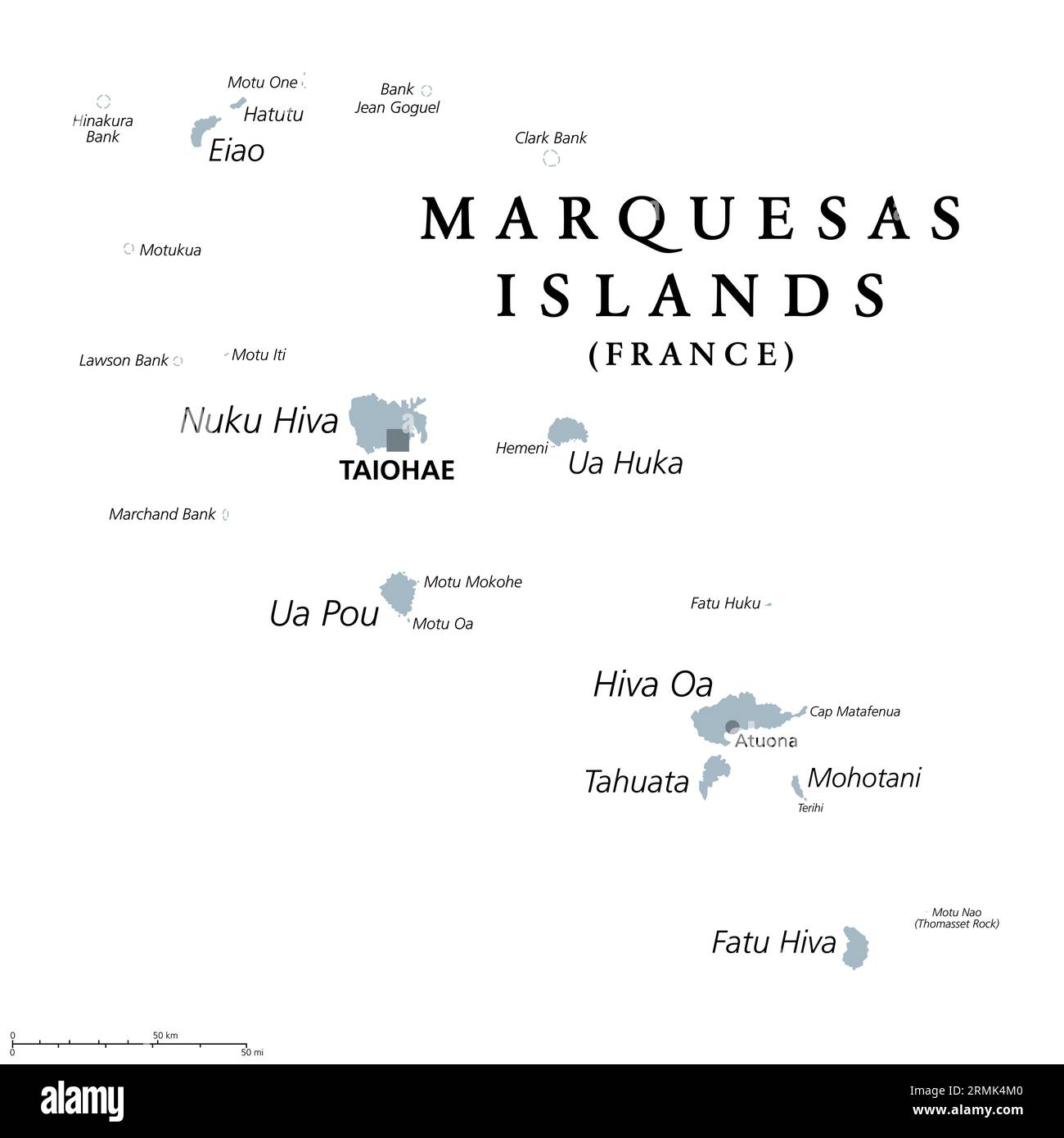 Marquesas Islands graue politische Karte. Gruppe vulkanischer Inseln in Französisch-Polynesien. Französische Überseekollektivität im Südpazifik. Stockfoto