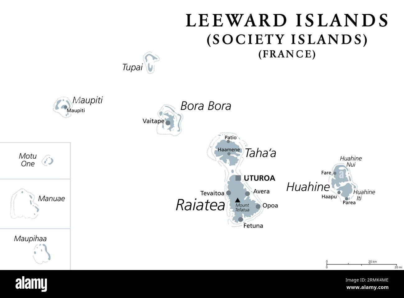Leeward Islands, graue politische Karte. Westlicher Teil der Gesellschaftsinseln in Französisch-Polynesien. Französische Überseekollektivität im Südpazifik. Stockfoto