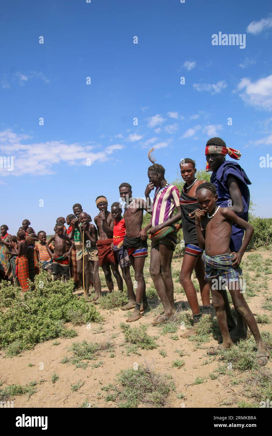 Die Daasanach (auch bekannt als Marille oder Geleba) sind eine kushitische ethnische Gruppe, die Teile Äthiopiens, Kenias und Südsudans bewohnt. Ihr haupthomel Stockfoto