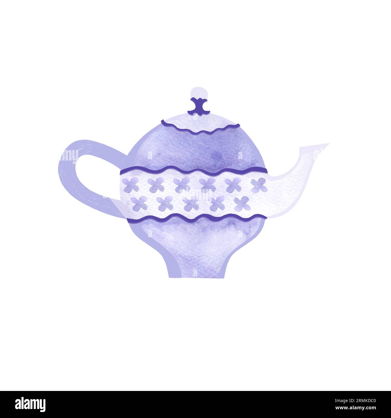 Wasserkocher in klassischem Stil mit goldfarbener Einrichtung und Blumenornamenten. Isolierte Aquarellzeichnung auf weißem Hintergrund. Clipart. Einrichtung für eine Teeparty o Stockfoto