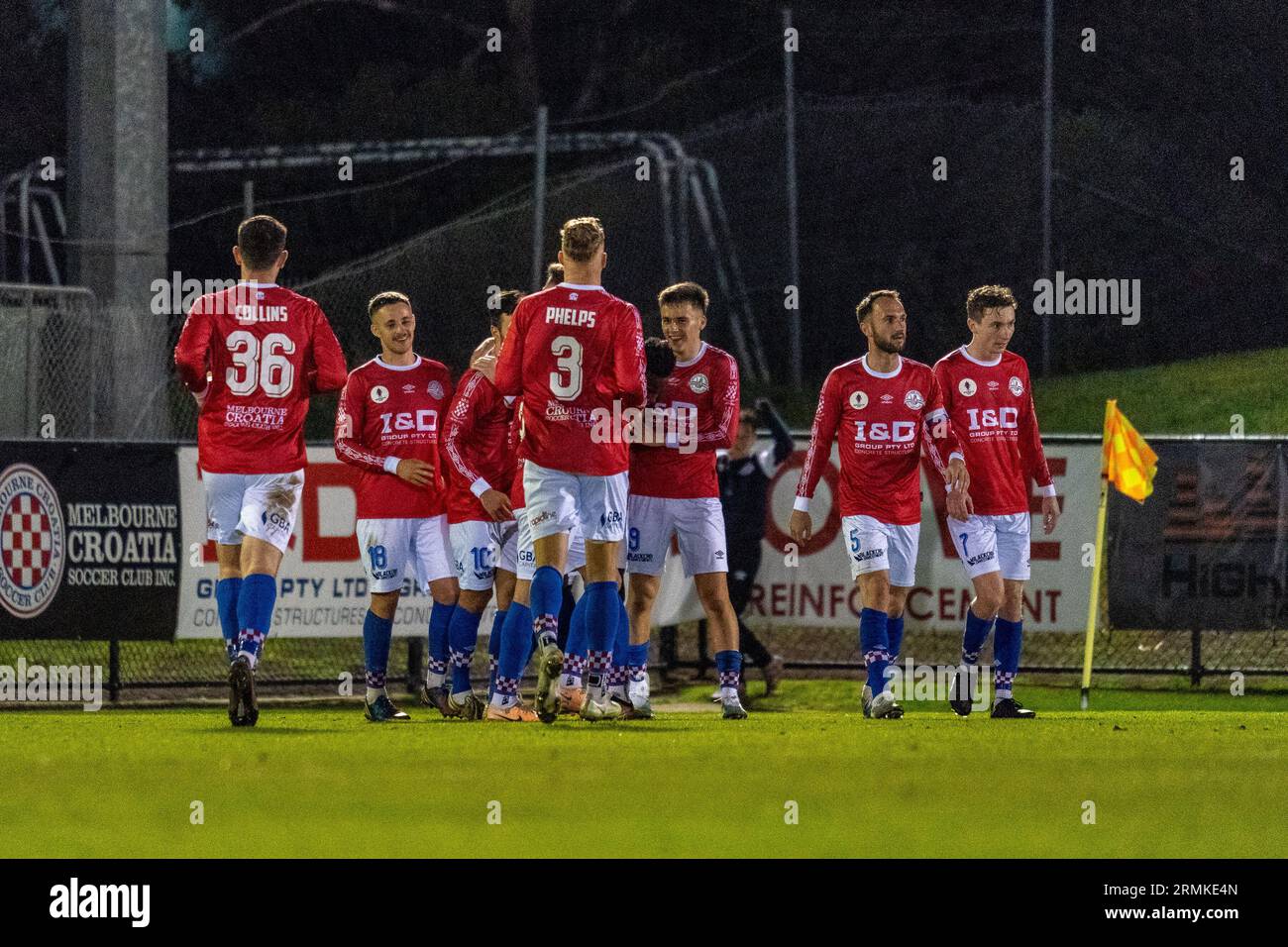 Sunshine North, Australien. 29. August 2023. Die Spieler von Melbourne Knights feiern das Tor gegen Campbelltown City SC. Quelle: James Forrester/Alamy Live News Stockfoto