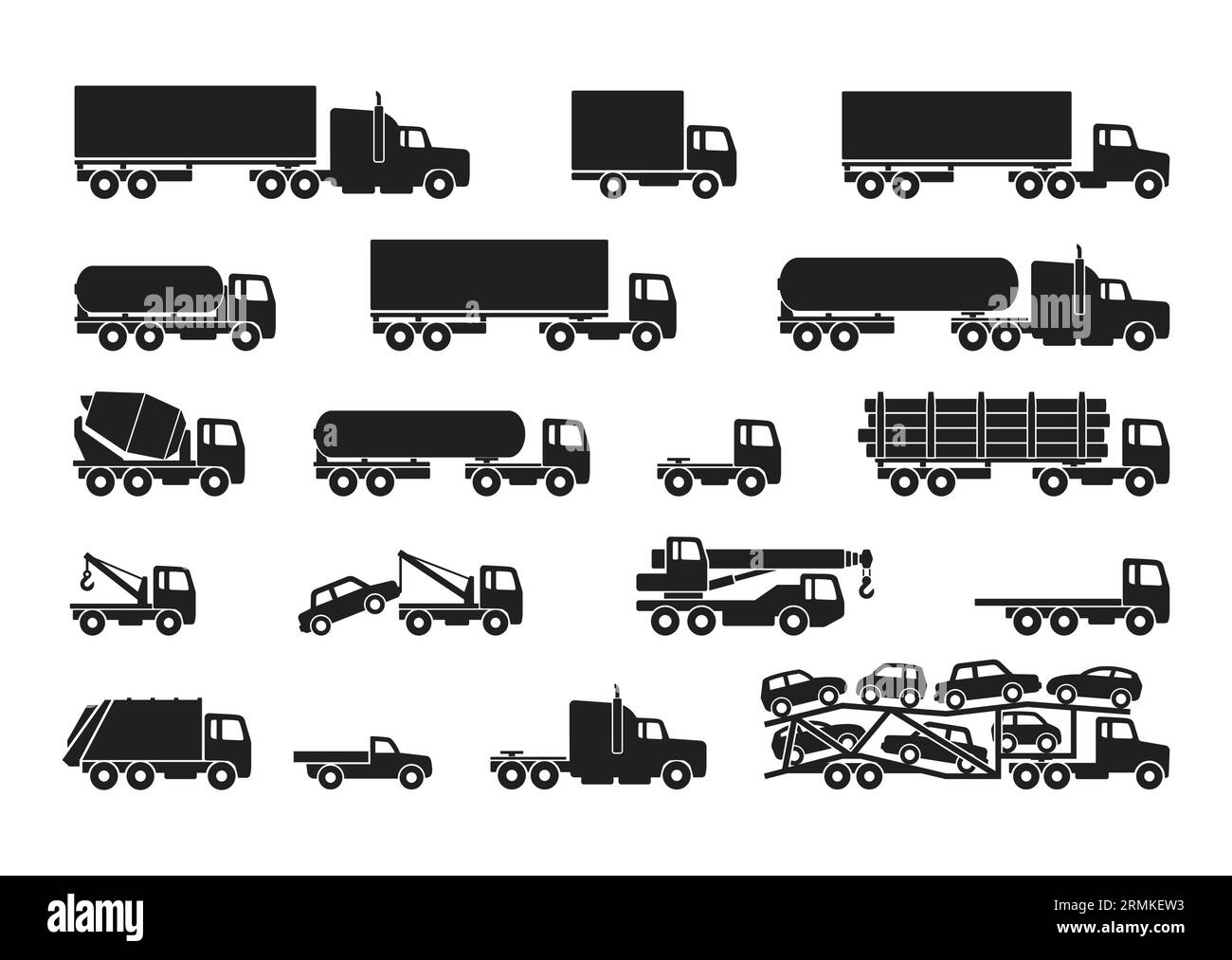 Verschiedene einfache LKW Silhouette Set Seitenansicht Symbol Vektor isoliert auf weißem Hintergrund Stock Vektor