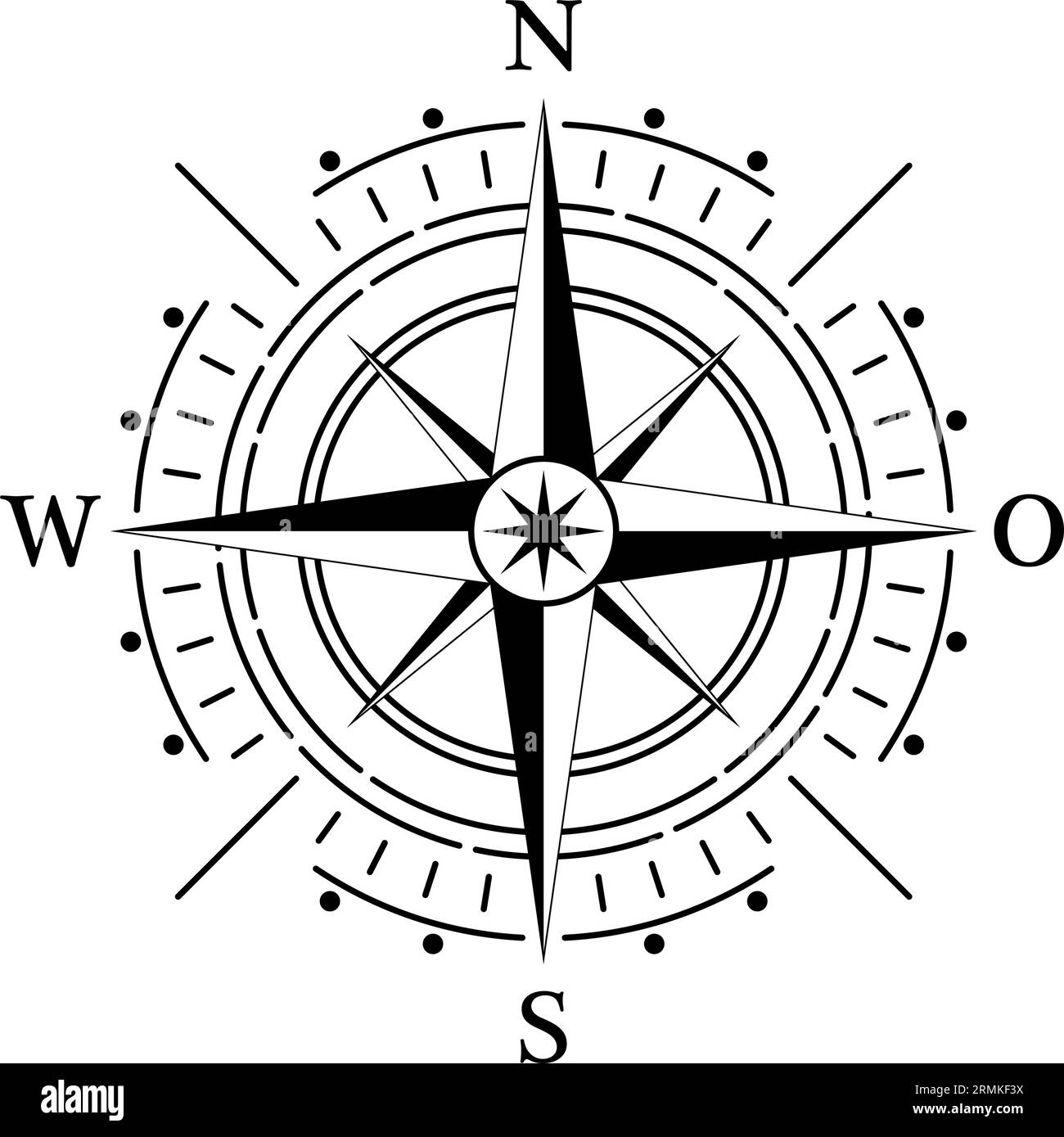 Kompassrosenvektor mit vier Richtungen und deutscher Ostbeschreibung. Marine, nautisch, Trekking-Navigationssymbol. Kann in einer geografischen Karte verwendet werden. Stock Vektor