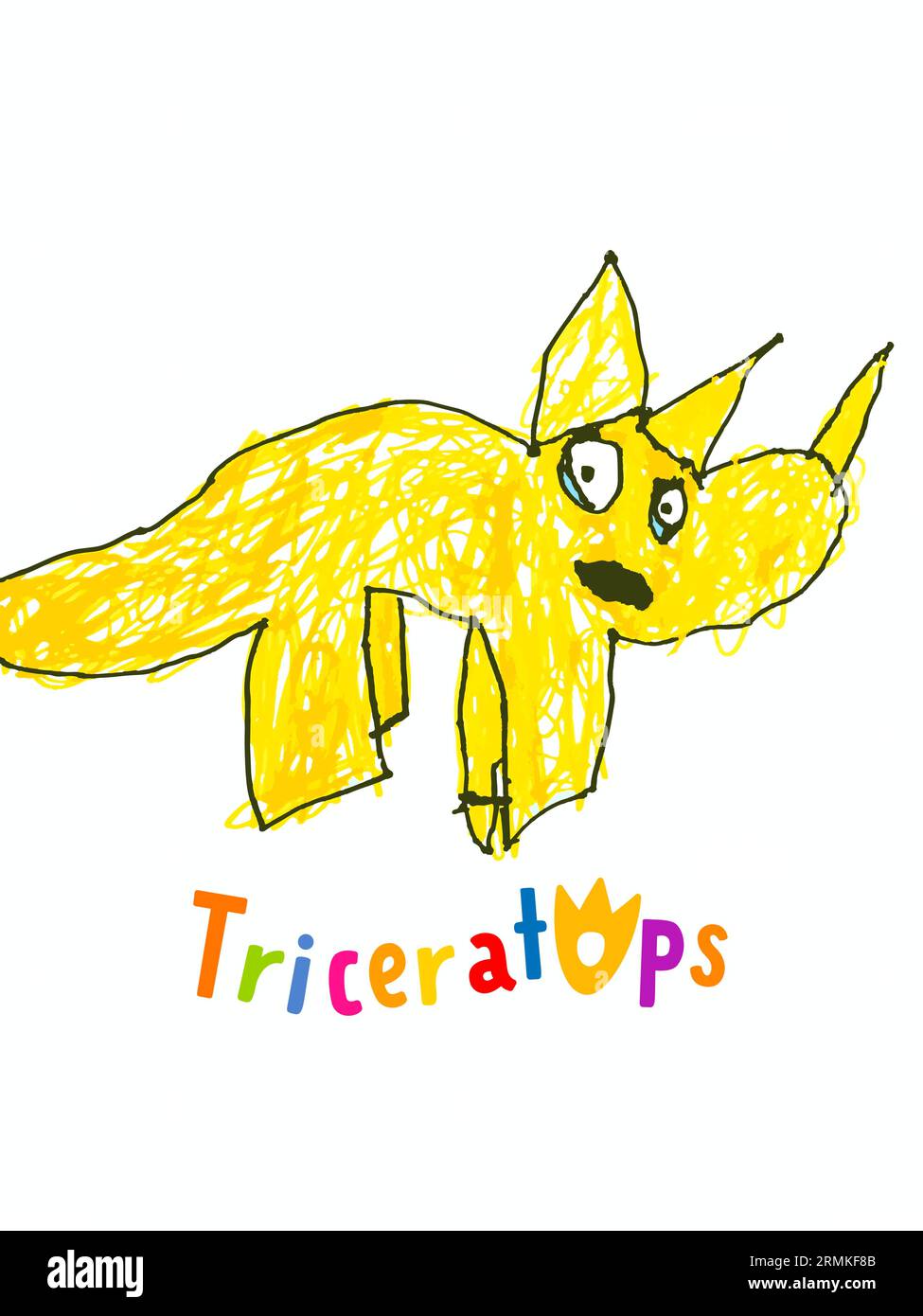 Triceratops Kinderzeichnung. Triceratops-Dinosaurier im Comic-Stil auf weißem Hintergrund. Vektor-farbige Bleistiftillustration für T-Shirt oder Geburtstag Stock Vektor