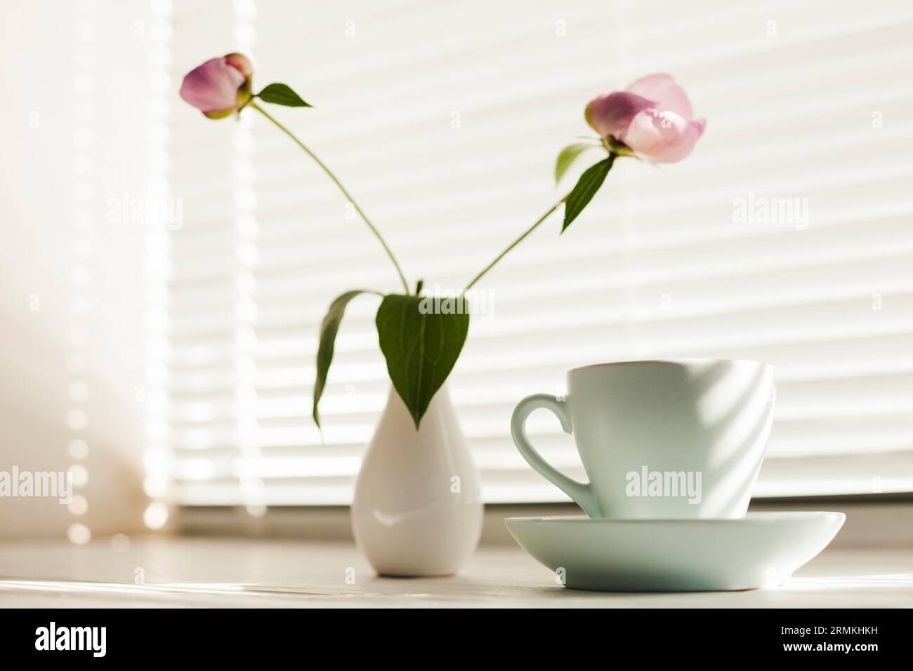 Blumenkaffee mit Untertasse in der Nähe der Fensterblende Stockfoto