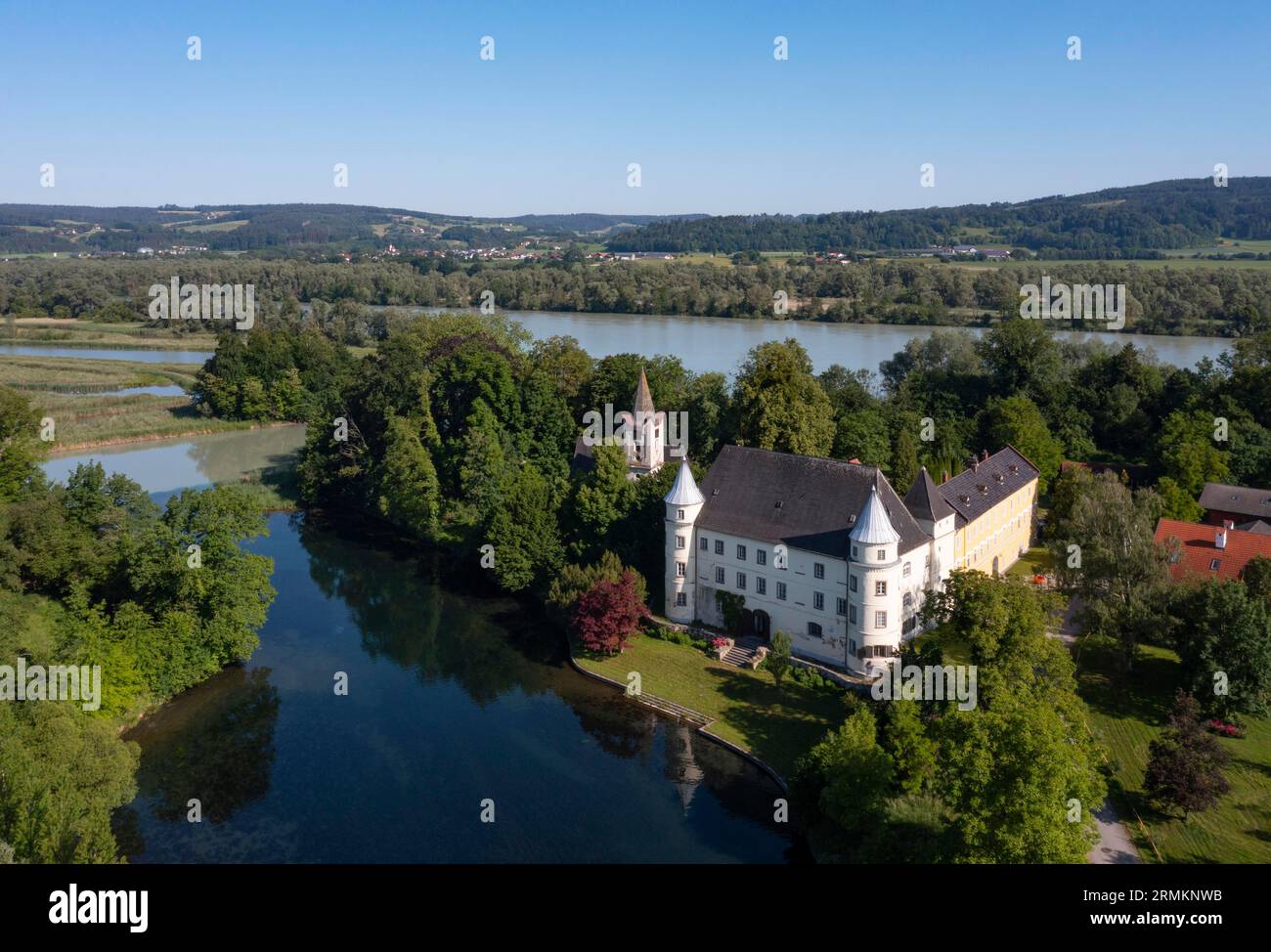 Drohnenschuss, Renaissanceschloss, Hagenau Castle, Inn, Sankt Peter am Hart, Innviertel, Oberösterreich, Österreich Stockfoto