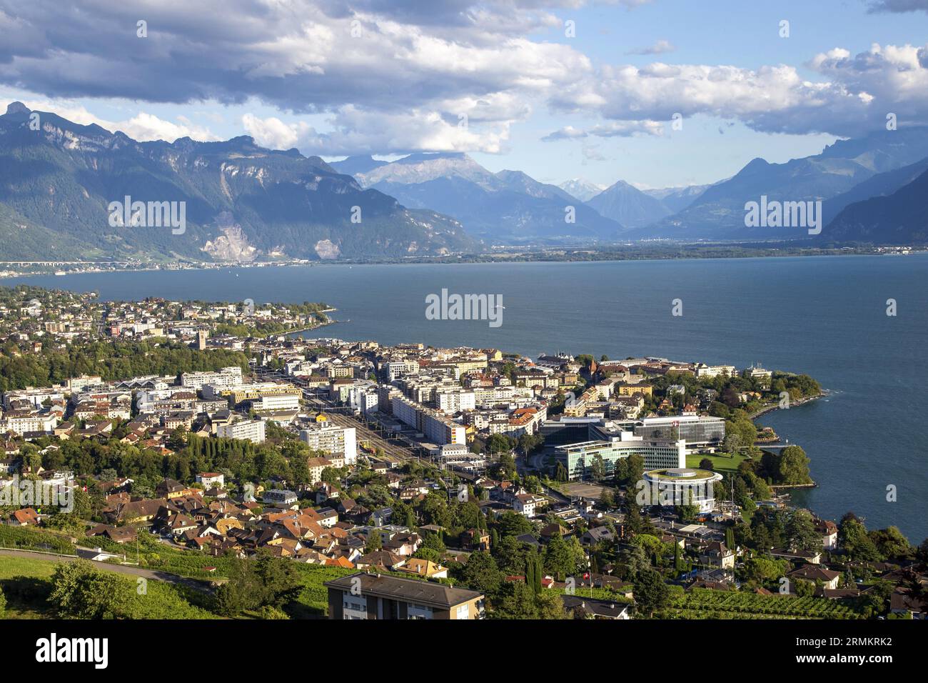 Blick auf Vevey und Genfer See, Lac Leman, Kanton Waadt, Schweiz Stockfoto