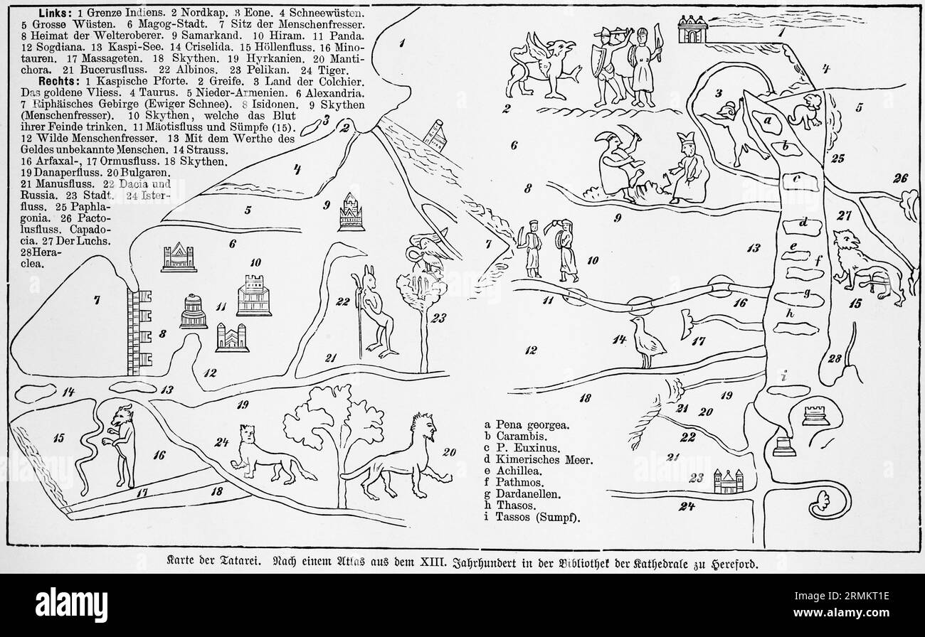 Karte der Tatarei, nach einem atlas aus dem 13. Jahrhundert, Hereford Cathedral Library, Indien, Wüsten, Kaspisches Meer, wilde Tiere, Tiger, Berge, Menschenfresser Stockfoto