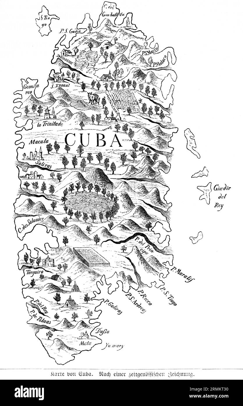 Kuba zur Zeit von Christoph Kolumbus (um 1451-1506), entdecker von Amerika, Christoph Kolumbus, historische Karte, Berge, Insel, Symbole Stockfoto