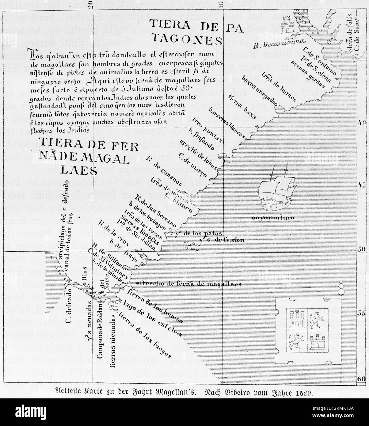 Älteste Karte der Reise von Fernando Magellan, portugiesischer Seefahrer und Entdecker, Pazifik, Küste Südamerikas, Straße von Magellan, Tierra Stockfoto