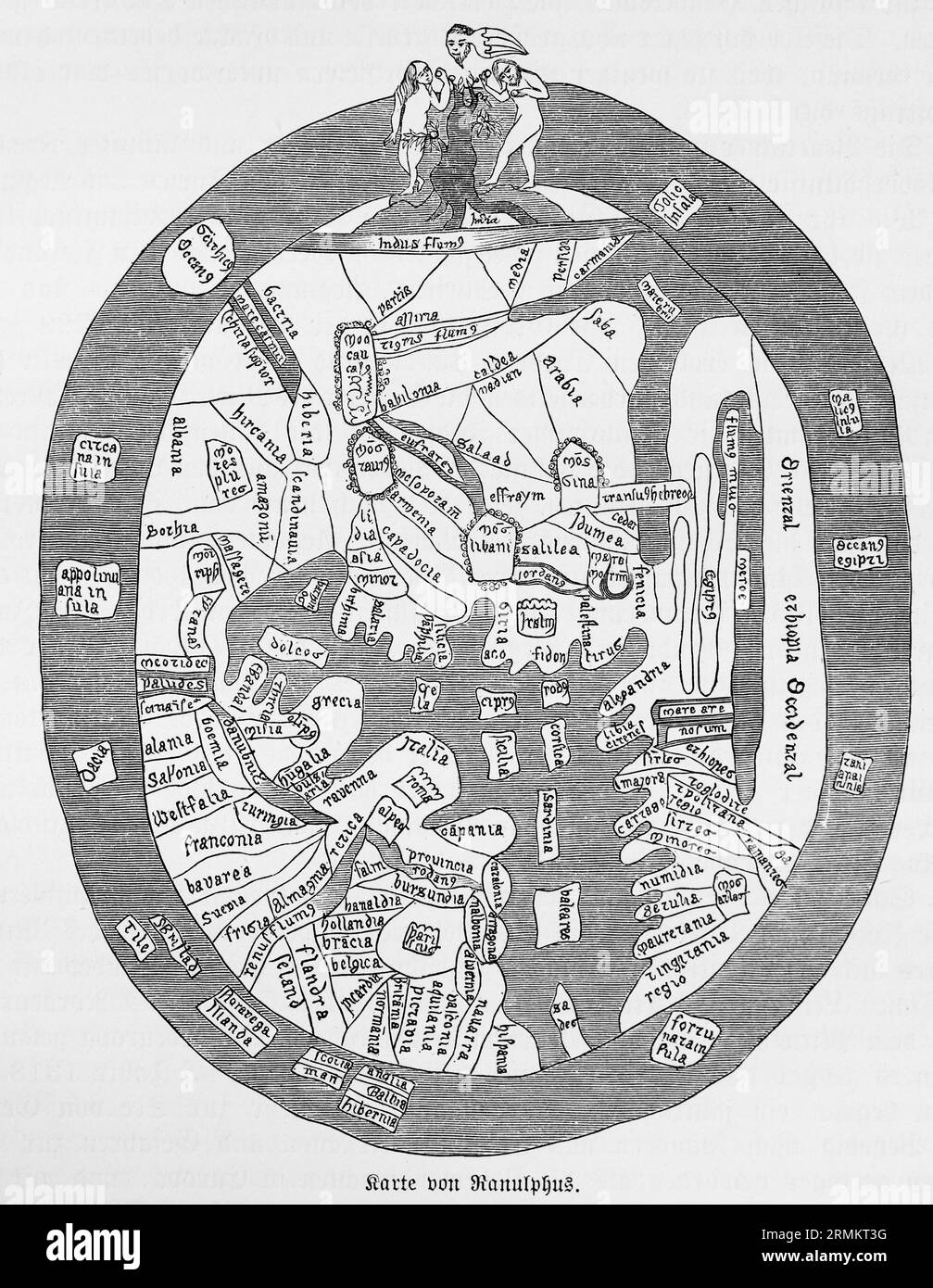 Karte von Ranulphus, Mittelalter, historische Karte, Weltkarte, Landmasse, umgeben von Meer, Orient, Occident, Italien, Indien, Arabien, Frankreich, Friesland Stockfoto