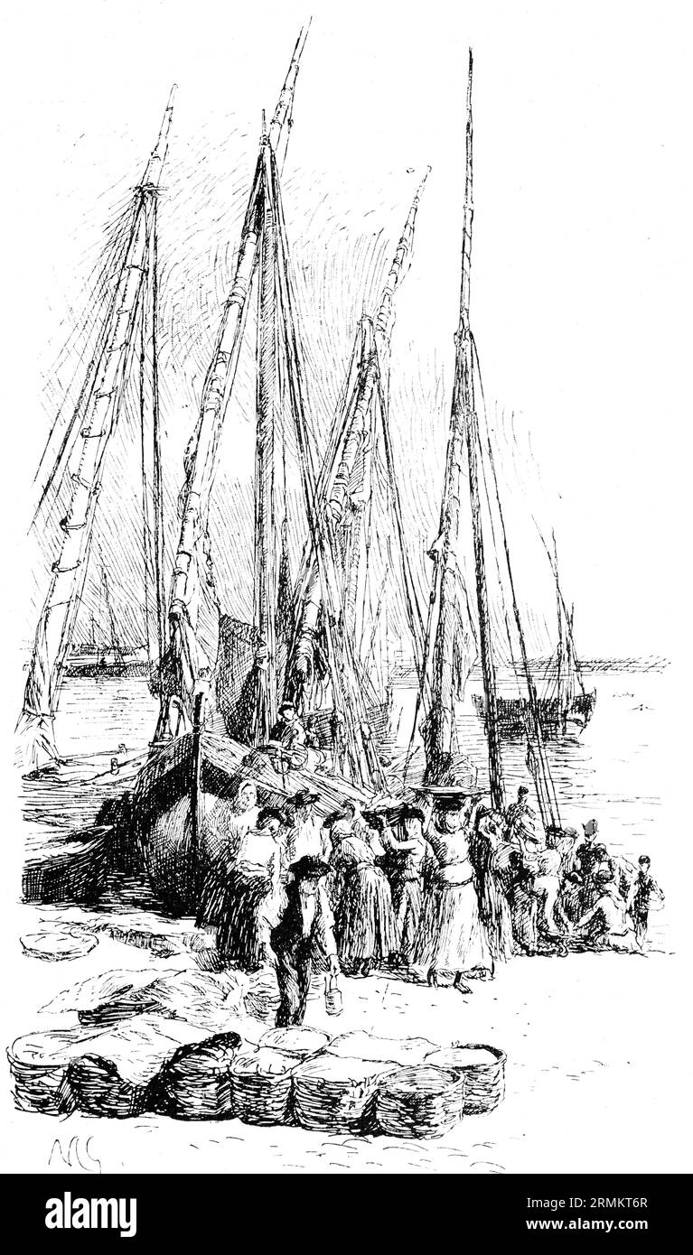 Rückkehr vom Angeln, Bootsanleger auf dem Tejo, Lissabon, Küste, Fischerboote, Segelboote, Fischer, Handel, Verkauf, Körbe, Lebensmittel, Portugal, historisch Stockfoto