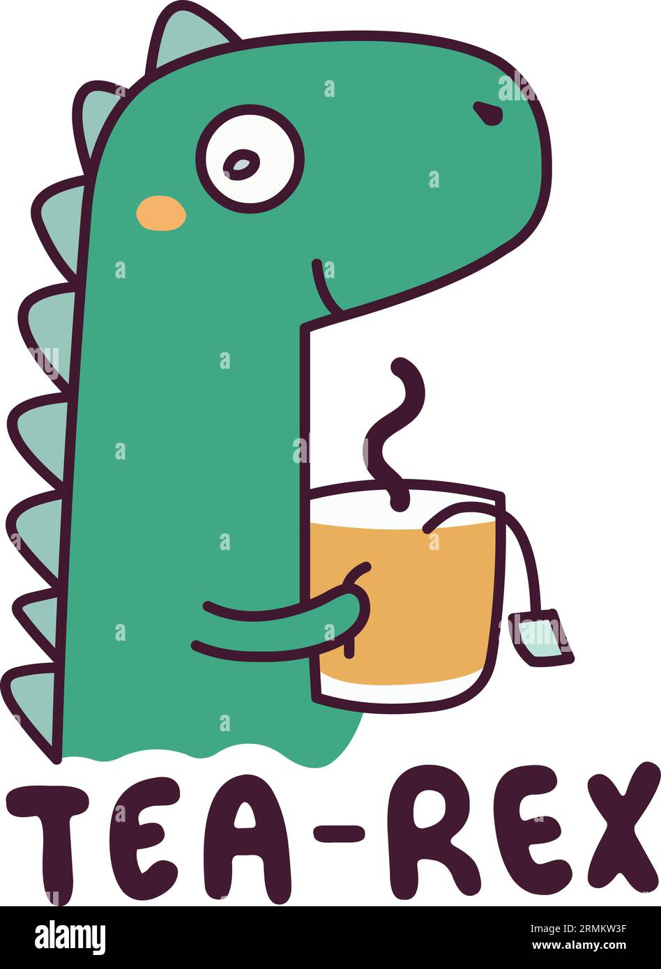 Grüner Dinosaurier trinkt Tee mit dem Text Tea-Rex Stock Vektor