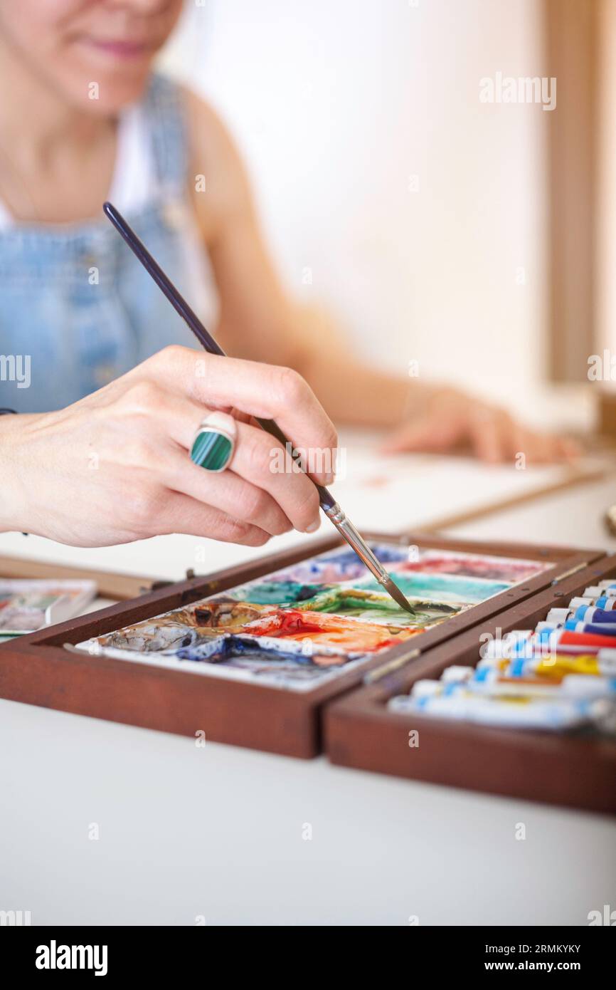 Illustrator taucht ihren Pinsel in das Aquarellgehäuse. Stockfoto
