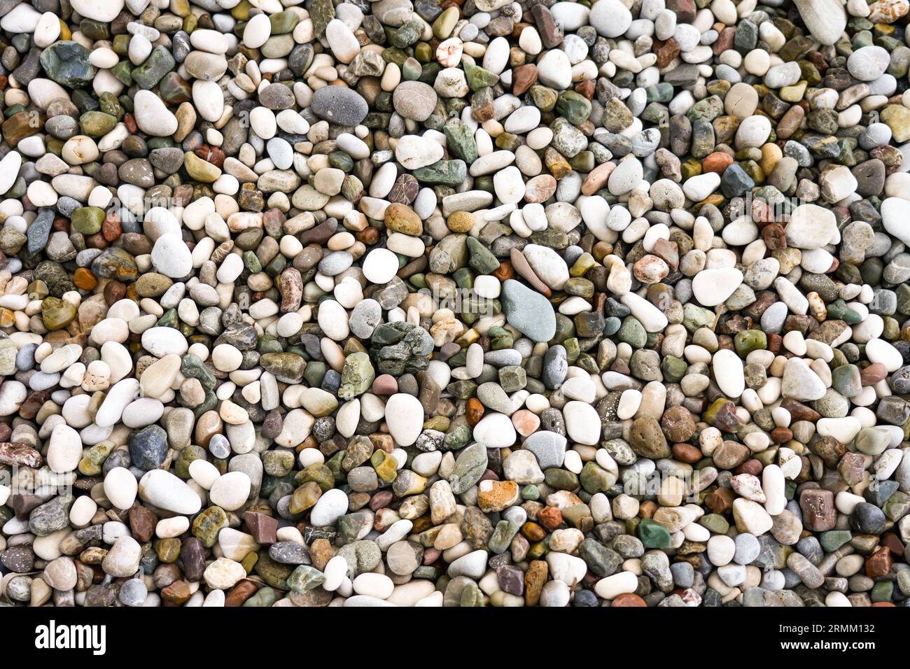 Nahaufnahme des Kieselstrandes. Kieselsteine als Hintergrund. Stockfoto