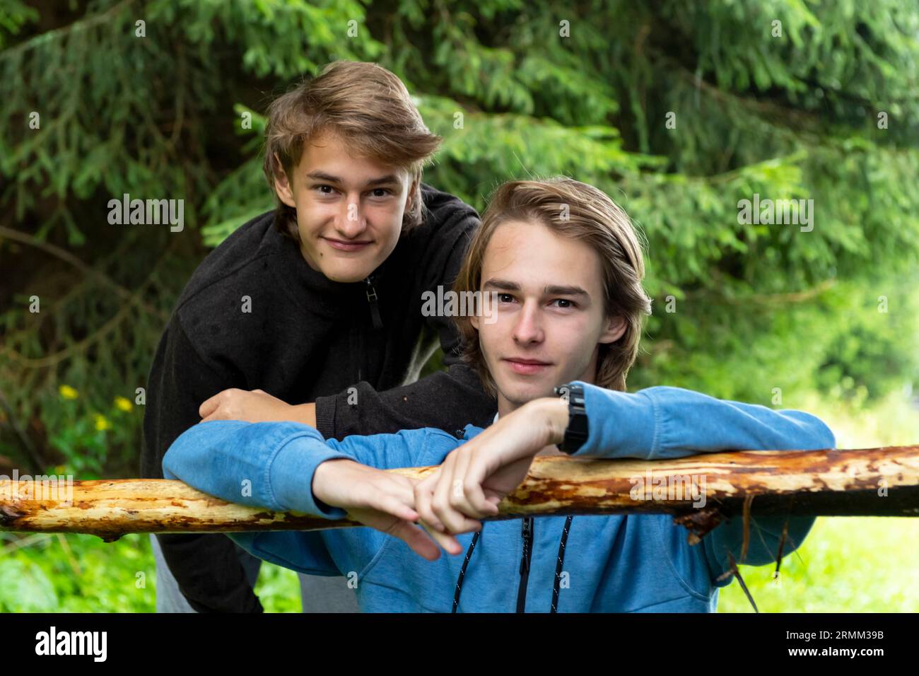 Porträt von zwei blonden Teen-Brüdern im Freien Stockfoto