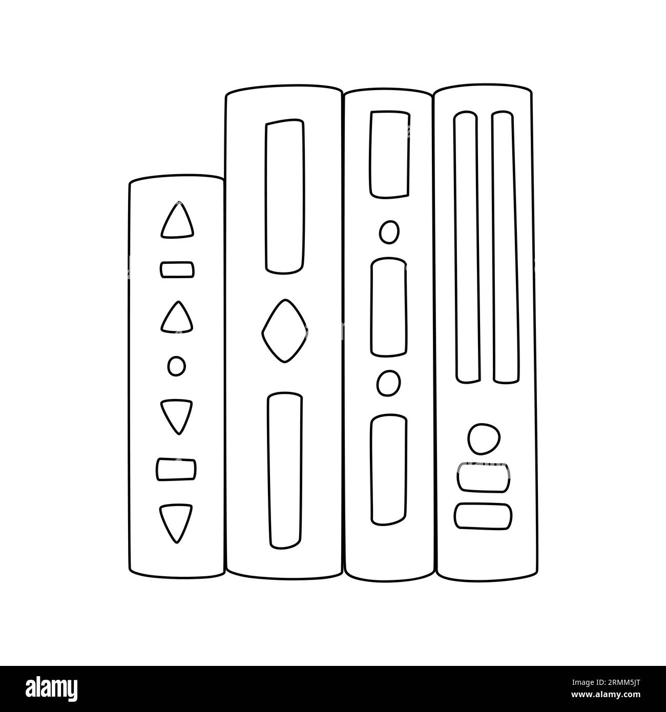 Hardcover-Bücher stehen in einer Reihe. Handgezeichnete Umrissbücher, Lehrbücher, Literatur. Symbol für Lernen, Bildung und Wissenschaft. Schwarz-weiß-Doodle ve Stock Vektor