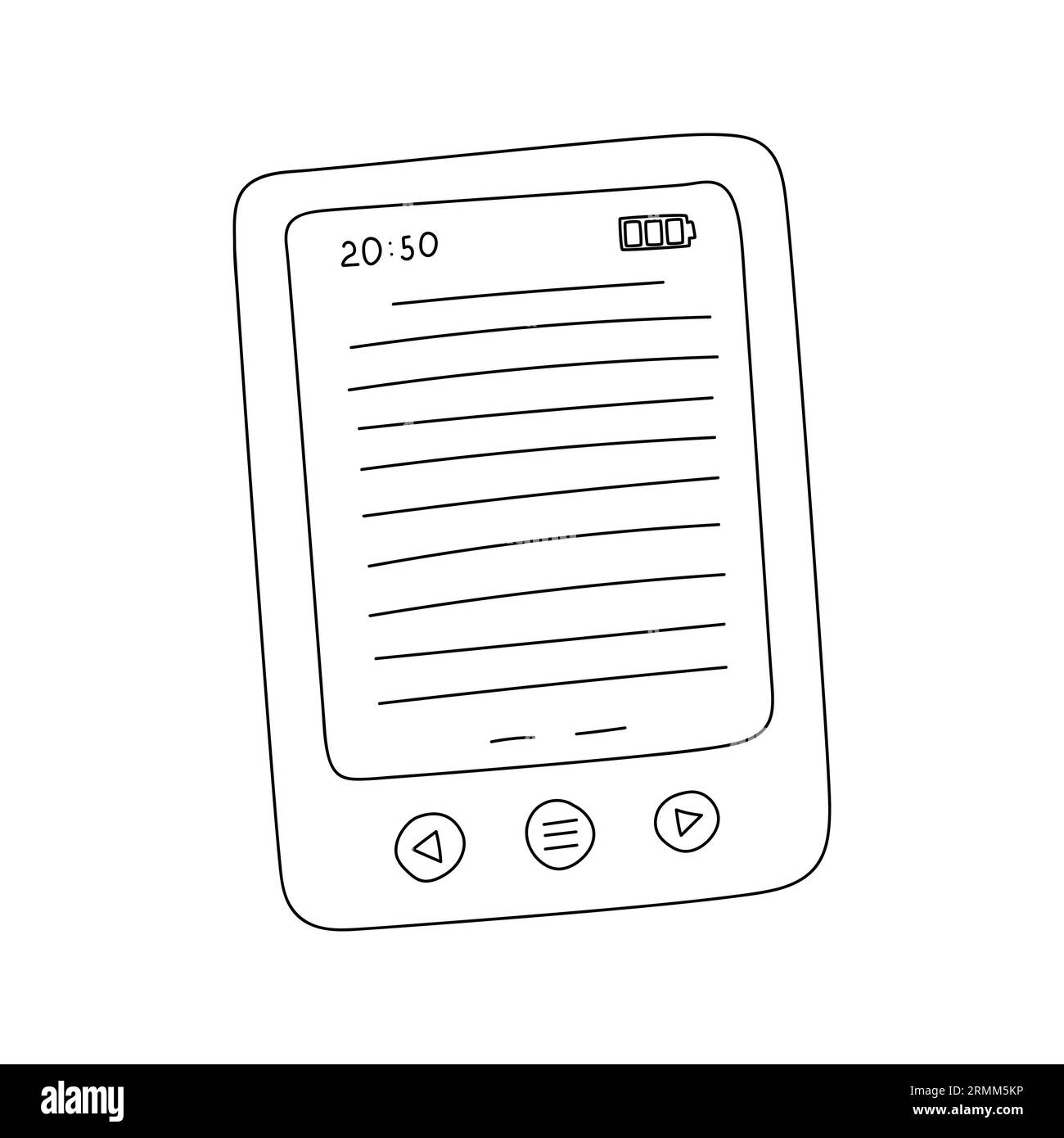 E-Book-Bildschirm mit Tasten und Ladestand. Ein handgezeichnetes Taschenbuch. Schwarz-weiß-Vektorillustration isoliert auf weißem Hintergrund. Stock Vektor