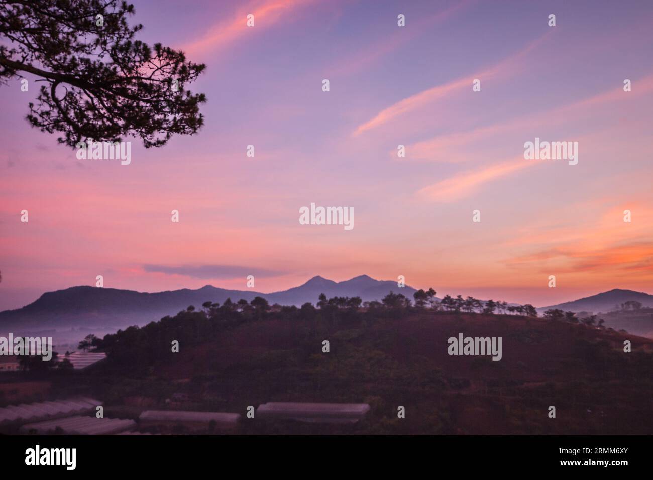 Dawn of da Lat mit Wolken, die sich rosa färben, während die Sonne sich auf den Aufstieg vorbereitet, wunderschöne Landschaft von da Lat, wunderschöne Szene von Vietnam Stockfoto