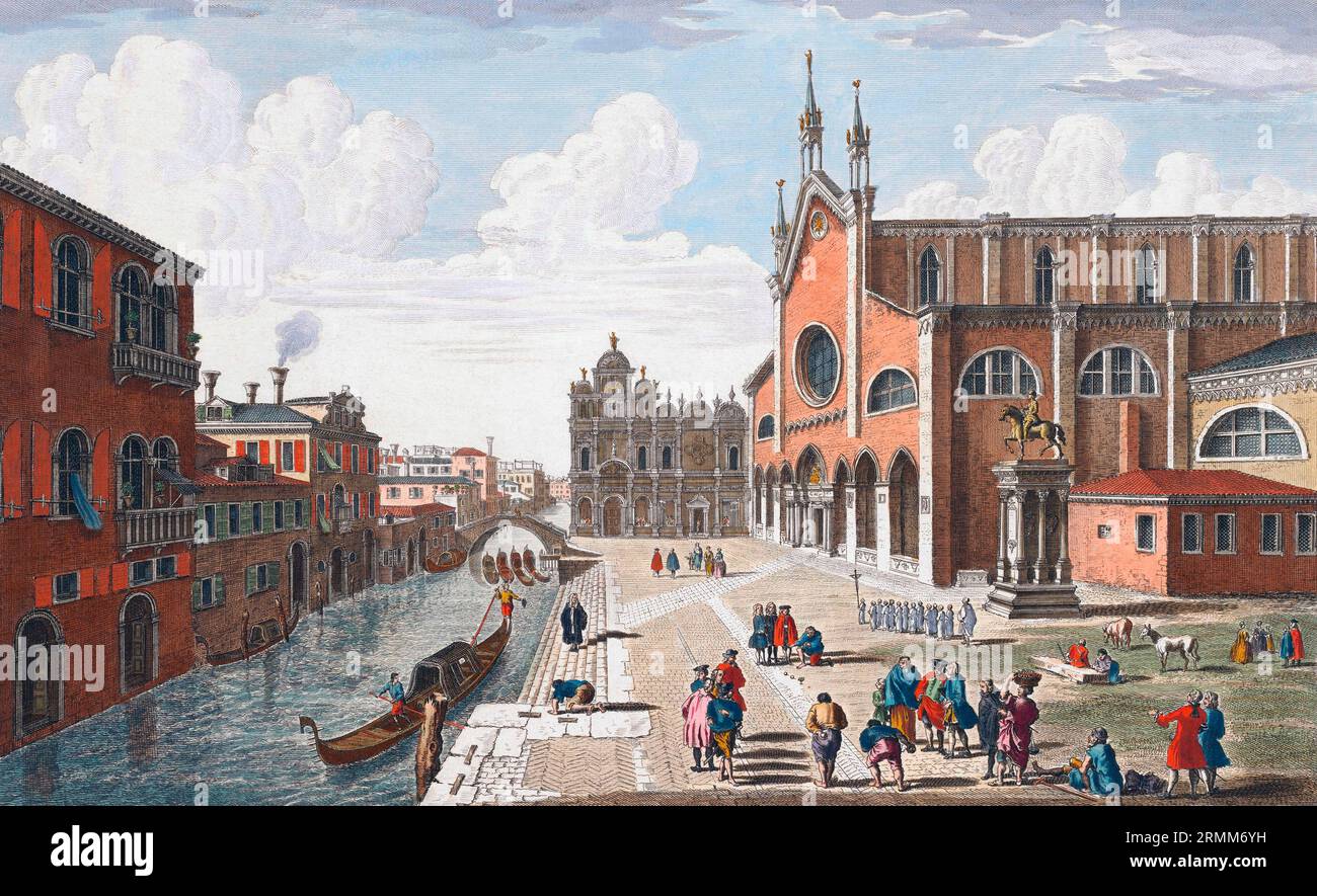 Blick auf den Ort und die Kirche St. John & St. Paul in Venedig und in deren Nähe das Kloster St. Mark und die Reiterstatue von Bartolomeo Colleoni. Nach einem Druck von John Bowles aus einem Werk von Michele Marieschi Mitte des 18. Jahrhunderts. Spätere Kolorisation. Stockfoto