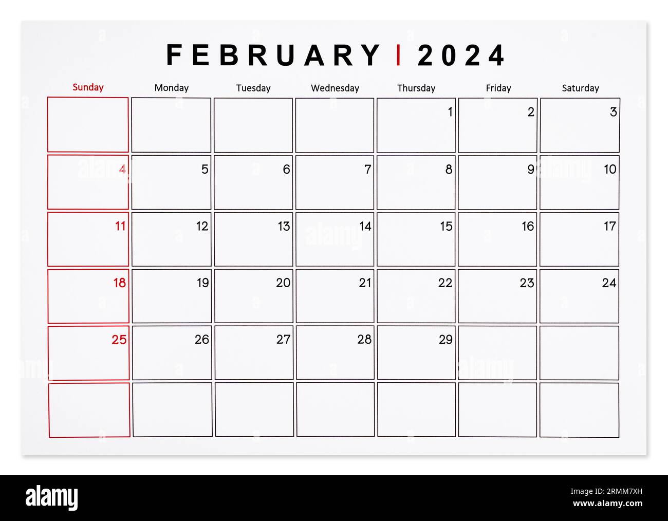Februar 2024 monatliche Kalenderseite isoliert auf weißem Hintergrund, gespeicherter Beschneidungspfad. Stockfoto