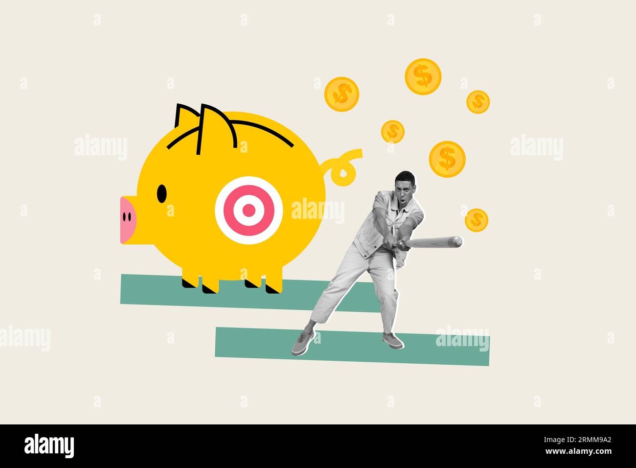 Bild Artwork Collage Skizze des lustigen Funky Guy ber Baseballschläger große Piggy Box finanziellen Erfolg Reichtum isoliert auf Zeichnung Hintergrund Stockfoto