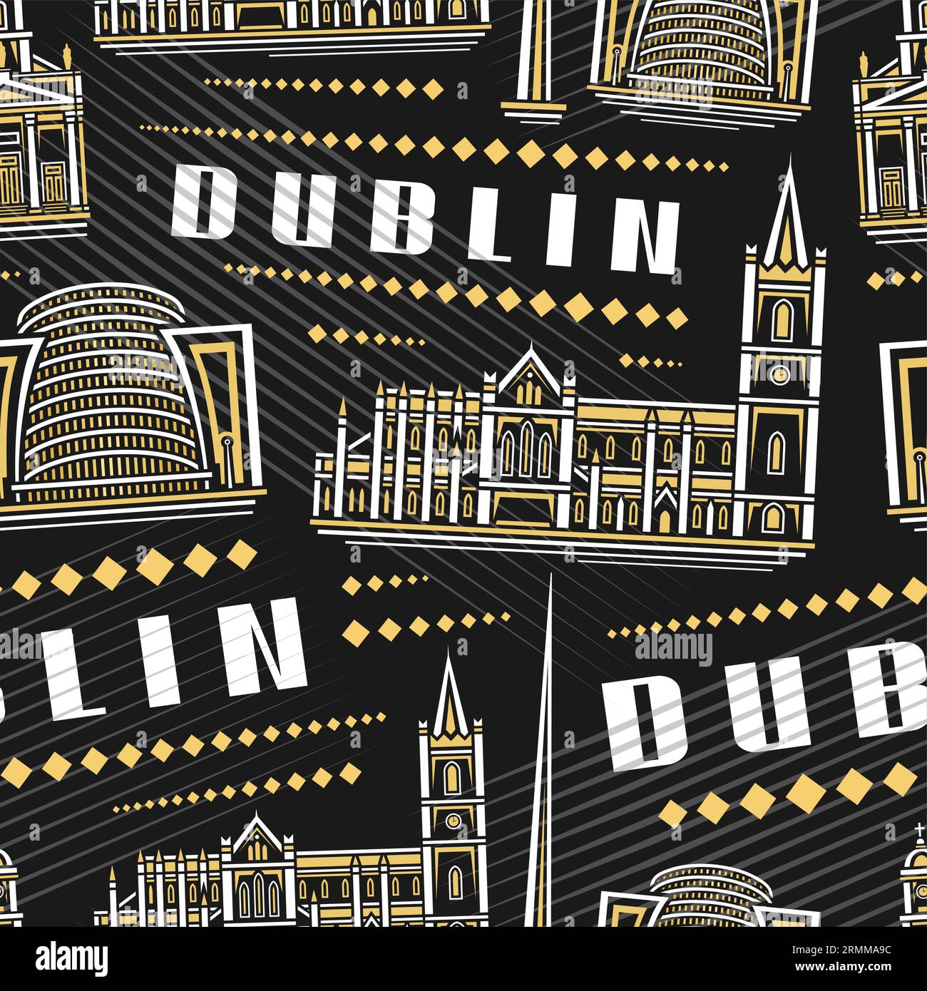 Vector Dublin Seamless Pattern, wiederholen Hintergrund mit Illustration der berühmten europäischen dublin City Landschaft auf dunklem Hintergrund für Geschenkpapier, Decor Stock Vektor