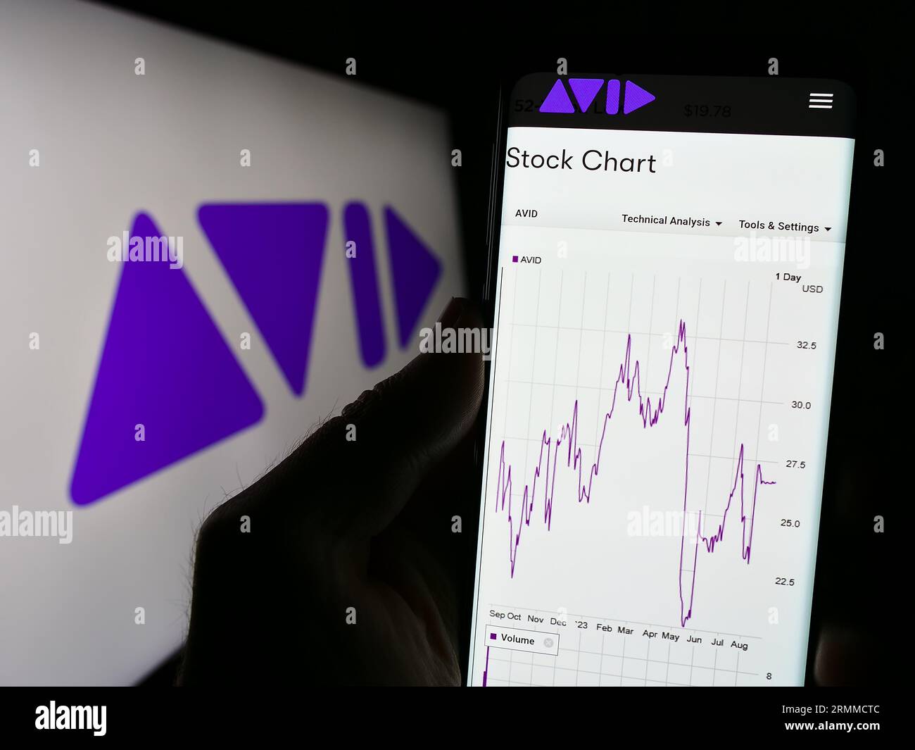 Person, die ein Mobiltelefon mit der Webseite des US-amerikanischen Softwareunternehmens Avid Technology Inc. Auf dem Bildschirm vor dem Logo hält. Konzentrieren Sie sich auf die Mitte der Telefonanzeige. Stockfoto
