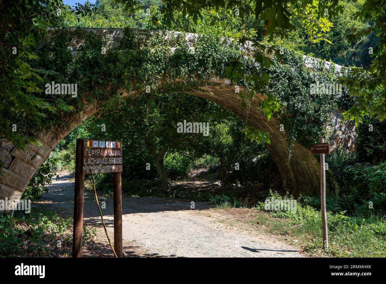 Eine alte Steinbrücke und Waldgebiet am Beginn der Richtis-Schlucht im Osten Kretas, Griechenland Stockfoto