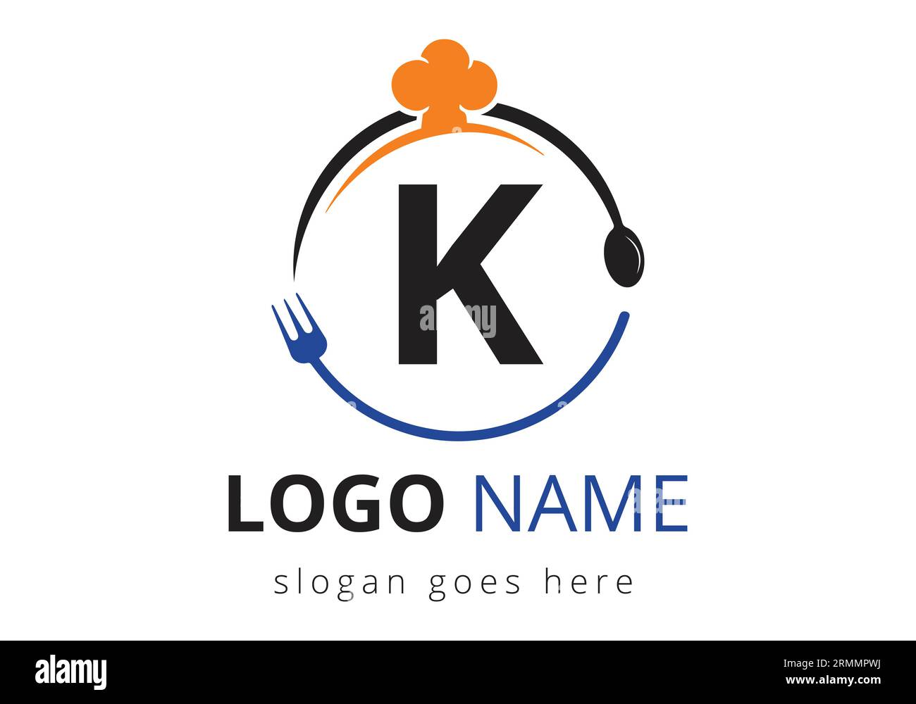 Buchstabe K-Logo mit Kochmütze, Löffel und Gabel für Restaurant-Logo. Modernes Vektorlogo für Café, Restaurant, Kochgeschäft und Unternehmensidentität Stock Vektor