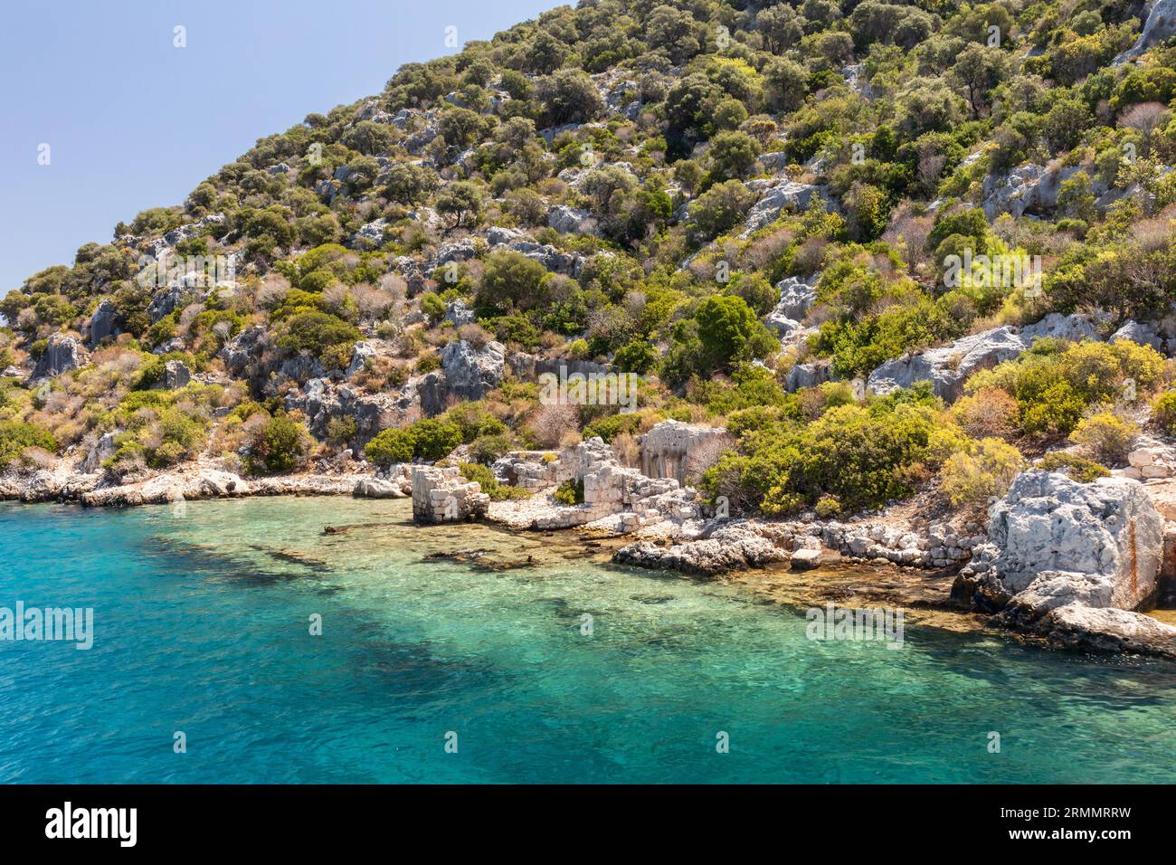 Kekova versunkene Stadt Kekova (Dolichiste), eine Touristenattraktion und ein historisches türkisches Wahrzeichen mit unterirdischen Fundamenten Stockfoto