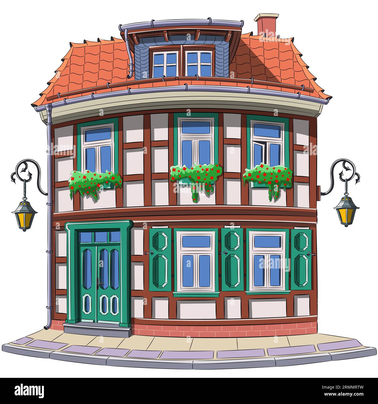 Zeichnung eines alten deutschen Fachwerkhauses mit Ziegeldach und Blumen an den Fenstern in Wernigerode. Deutschland. Vektorillustration. Stock Vektor