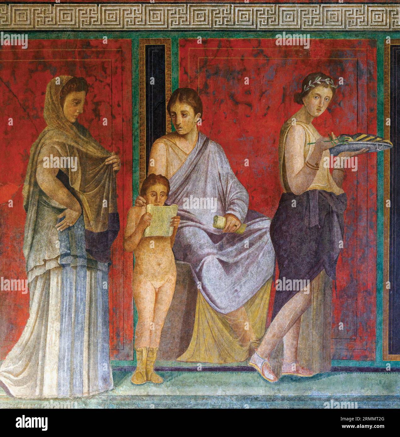 Archäologische Stätte Pompeji, Kampanien, Italien. Das Lesen der Liturgie des Rituals und rechts eine schwangere Frau bietet heilige Kuchen an. Detai Stockfoto