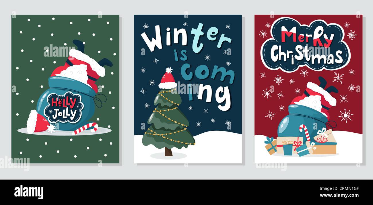 Set mit drei süßen Weihnachtsgrüßkarten. Stock Vektor
