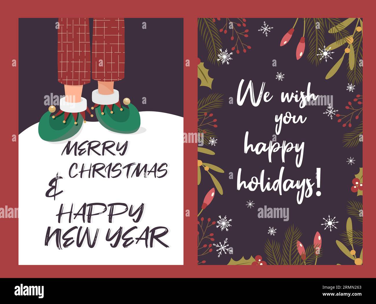 Weihnachtskarten mit zwei Beinen in Elfenschuhen. Stock Vektor