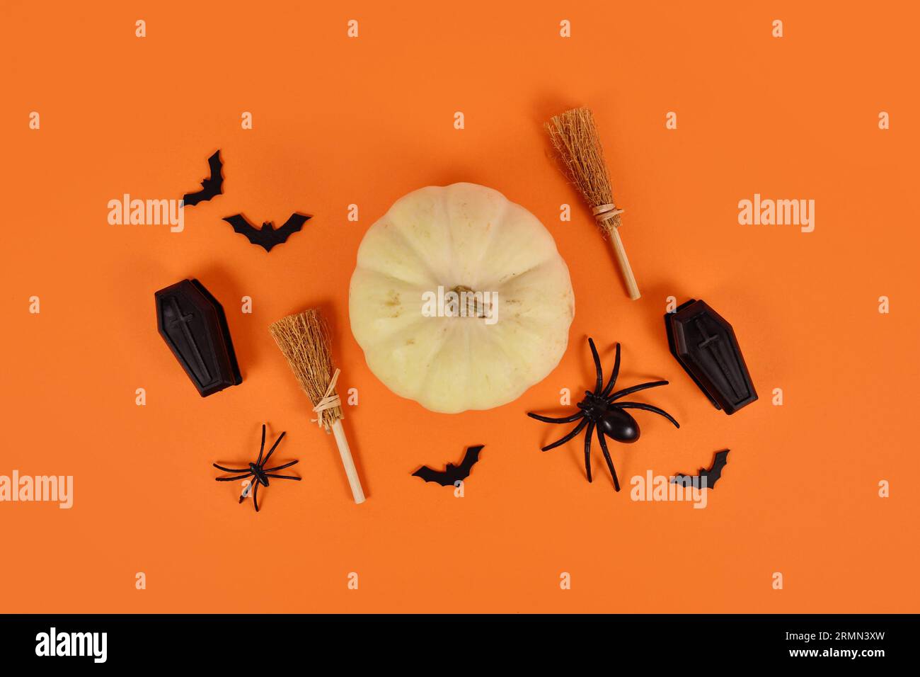 Halloween-Arrangement mit weißem Kürbis, schwarzen Spinnen, Fledermäusen und Särgen und Hexenbesen auf orangem Hintergrund Stockfoto