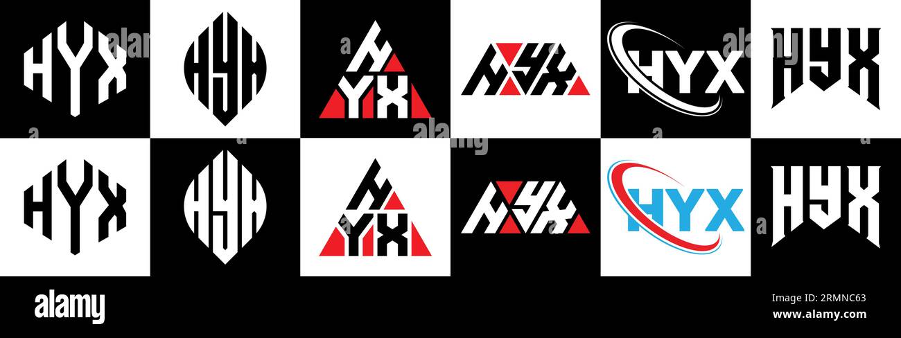 HYX Logo-Design in sechs Farben. HYX-Polygon, Kreis, Dreieck, Sechseck, flacher und einfacher Stil mit schwarz-weißer Farbvariation Buchstaben Logo se Stock Vektor