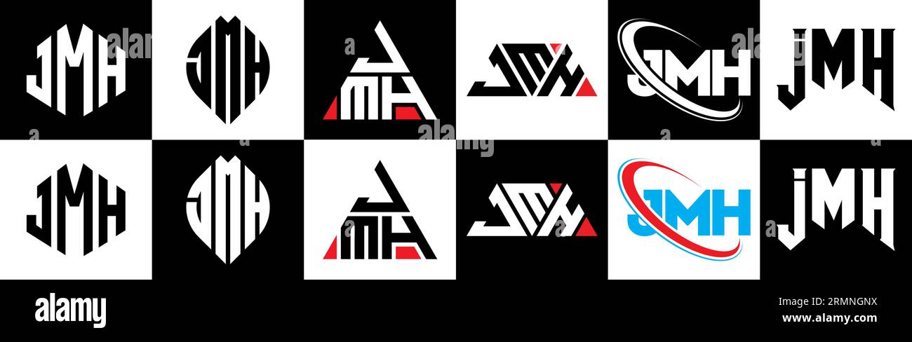 Logo mit JMH-Buchstaben in sechs Ausführungen. JMH-Polygon, Kreis, Dreieck, Sechseck, flacher und einfacher Stil mit schwarz-weißer Farbvariation Buchstaben Logo se Stock Vektor