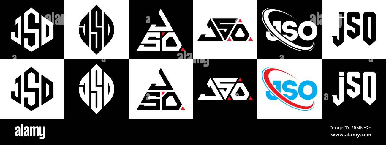 JSO Logo-Design in sechs Farben. JSO-Polygon, Kreis, Dreieck, Sechseck, flacher und einfacher Stil mit schwarz-weißer Farbvariante Buchstaben Logo se Stock Vektor