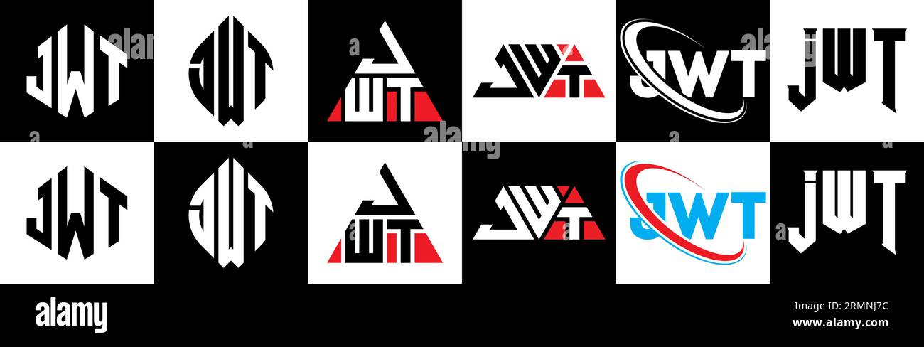 Logo mit JWT-Buchstaben im 6er-Stil. JWT-Polygon, Kreis, Dreieck, Sechseck, flacher und einfacher Stil mit schwarz-weißer Farbvariante Buchstaben Logo se Stock Vektor