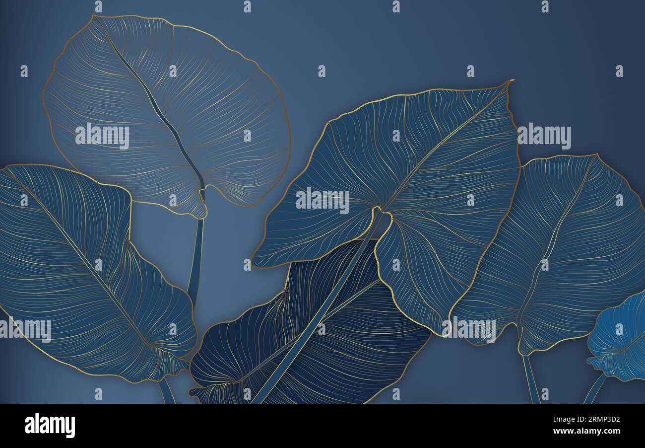 Luxus Gold und blauer Naturvektor Hintergrund. Blumenmuster, Philodendron-Pflanze mit goldenen gespaltenen Blättern mit Monstera-Pflanzen-Linienkunst, Vektorillust Stockfoto