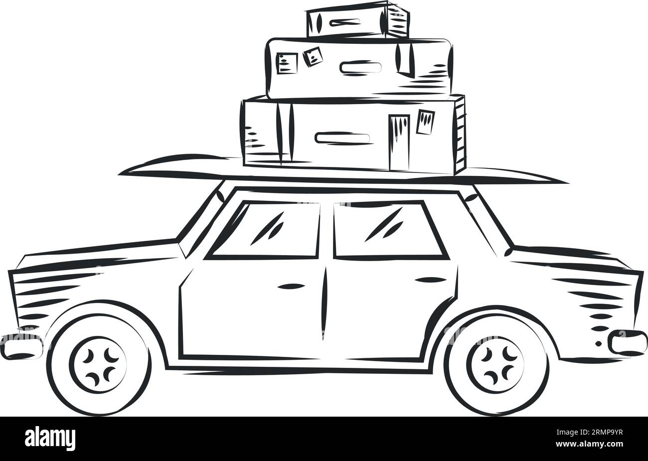 Isolierte Skizze eines Autos mit Reisetaschen Vektor Stock Vektor