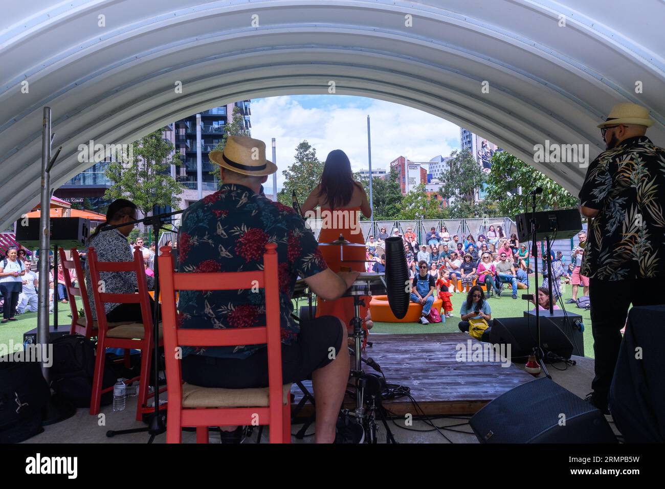 London, UK, 29. Juli 2023, Feria de Londres, das spanische Festival, Rückkehr nach London am 29. und 30. Juli. Findet im Wembley Park statt, einem brandneuen Ort. Zu den Höhepunkten zählen Flaminco-Tanz, spanische Musik, Essen und Wein. Andrew Lalchan Photography/Alamy Live News Stockfoto